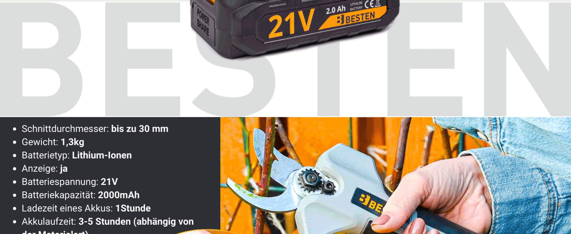 BESTEN Elektrische Astschere Akku-Gartenschere 2Xaku 2,0Ah
