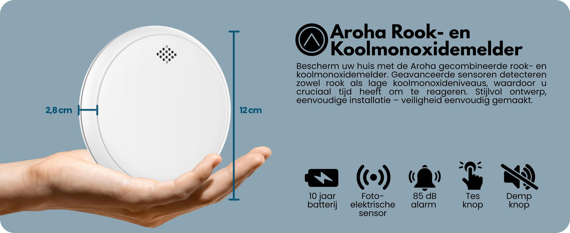 Aroha Safety Pro: Combinatie rookmelder en koolmonoxidemelder - 10 jaar batterijduur - Sleep Line - 1 set