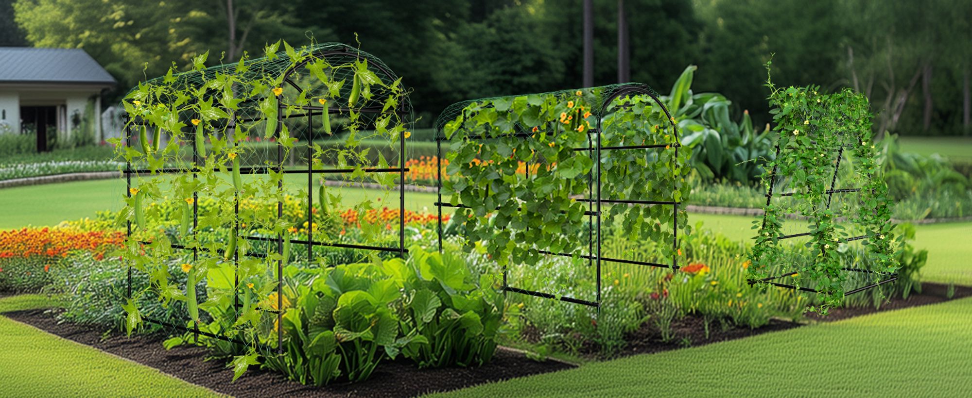 WISFOR Rankgitter Metall, Große Gartenbogen für Kletterpflanzen, Gurke Rankhilfen Spalier für Kletterpflanzen mit Nylonnetz, Erdspießen, 105x162x160cm