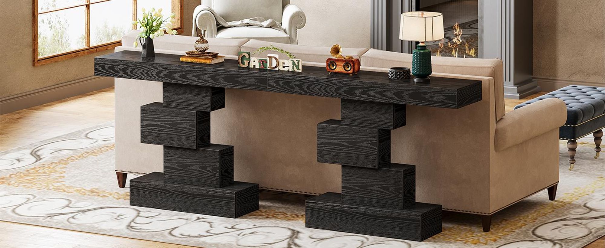 Konsolentisch, 108cm Beistelltisch, Eingangstisch mit geometrischem Sockel, Sofatisch