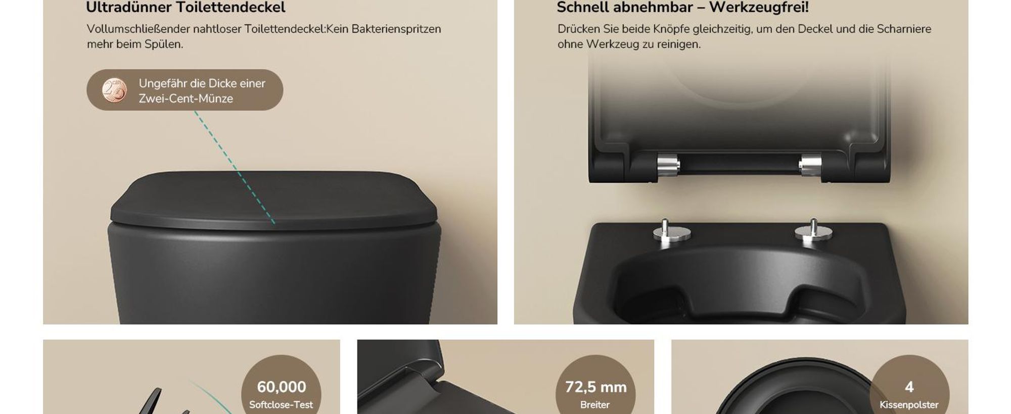EMKE Hänge-WC spülrandlos Keramik Wassersparend Wandmontage Toilette mit Direktspülung Doppel-Loch-Gegenspülung Soft-Close Deckel Mattschwarz