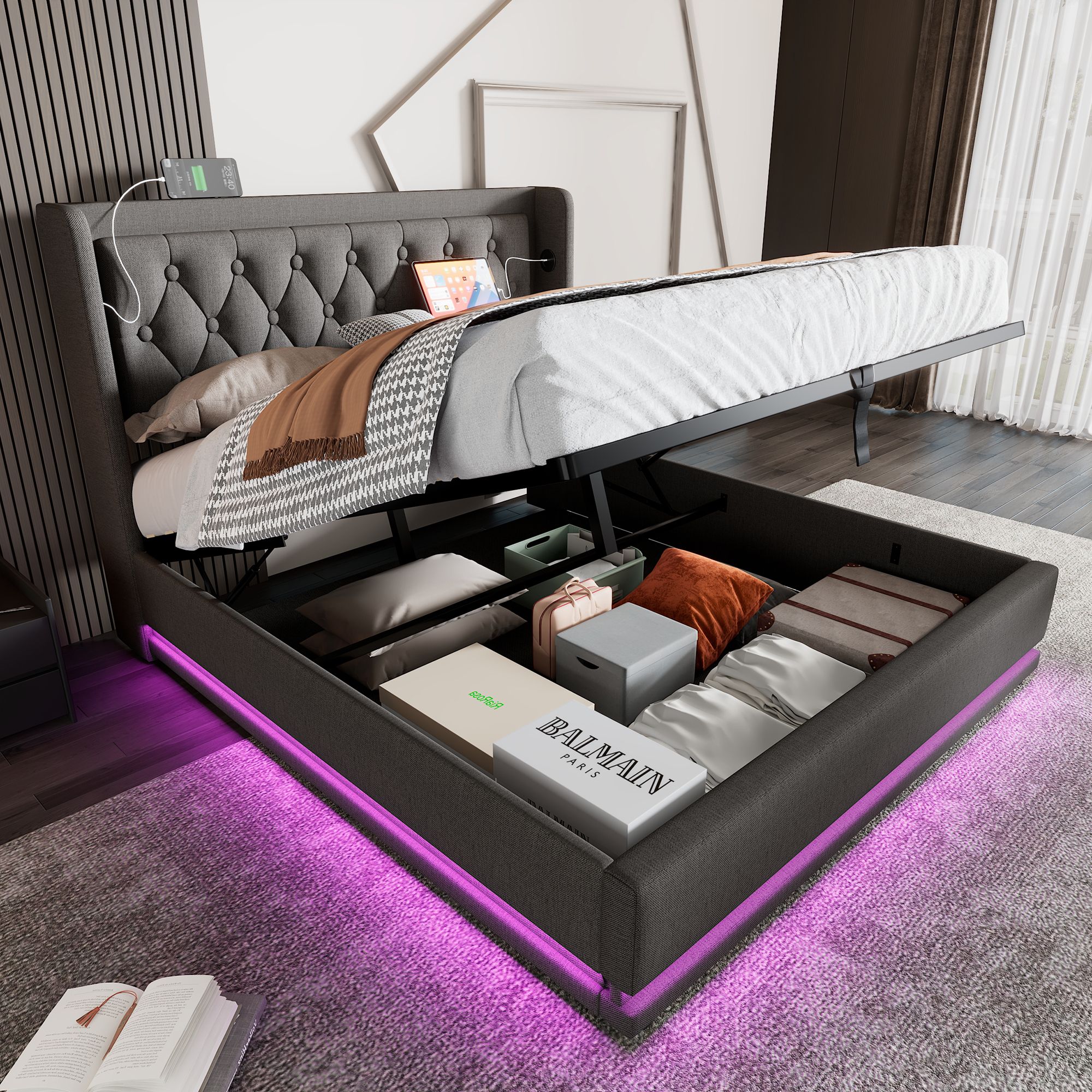 Flieks Polsterbett 140x200cm mit USB & Typ-C, Doppelbett Jugendbett mit LED, Hydraulisches Stauraumbett Boxspringbett mit Lattenrost, Baumwolle, Grau