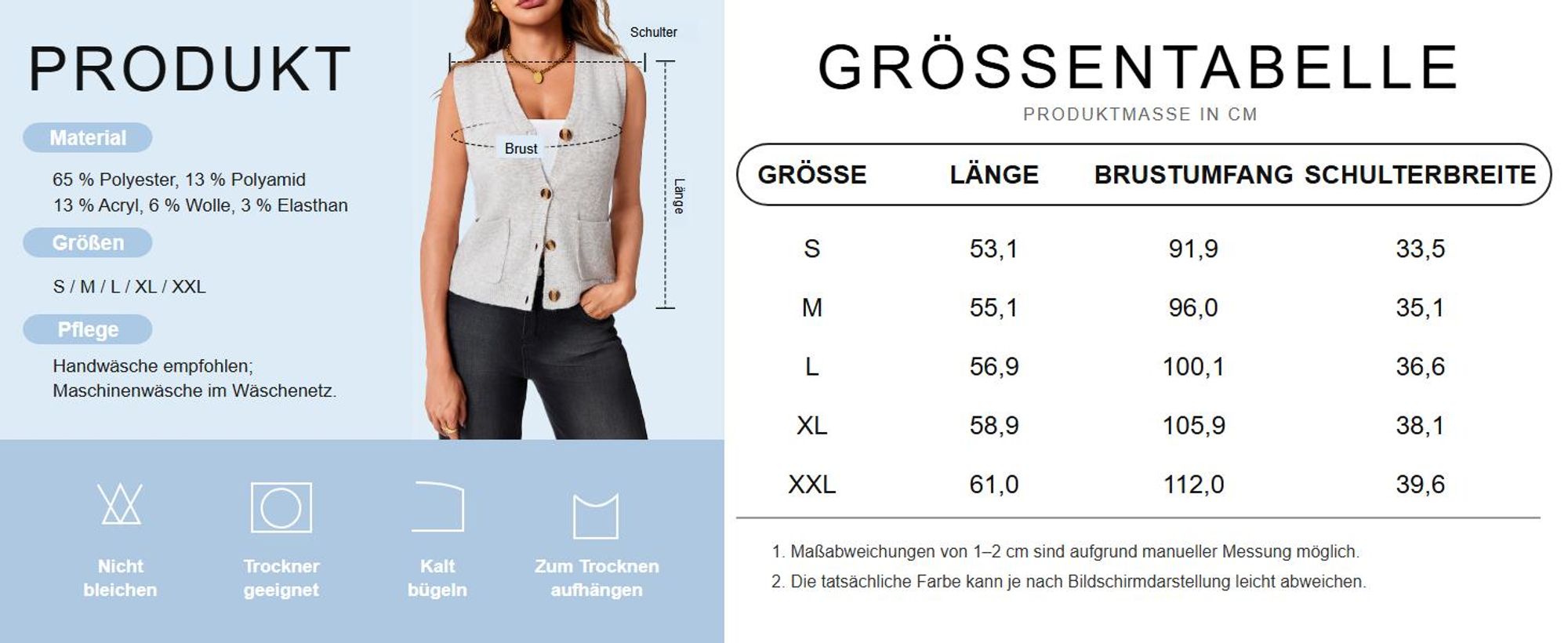 Ärmellose Damenstrickjacke mit V-Ausschnitt, Knopfleiste und Taschen