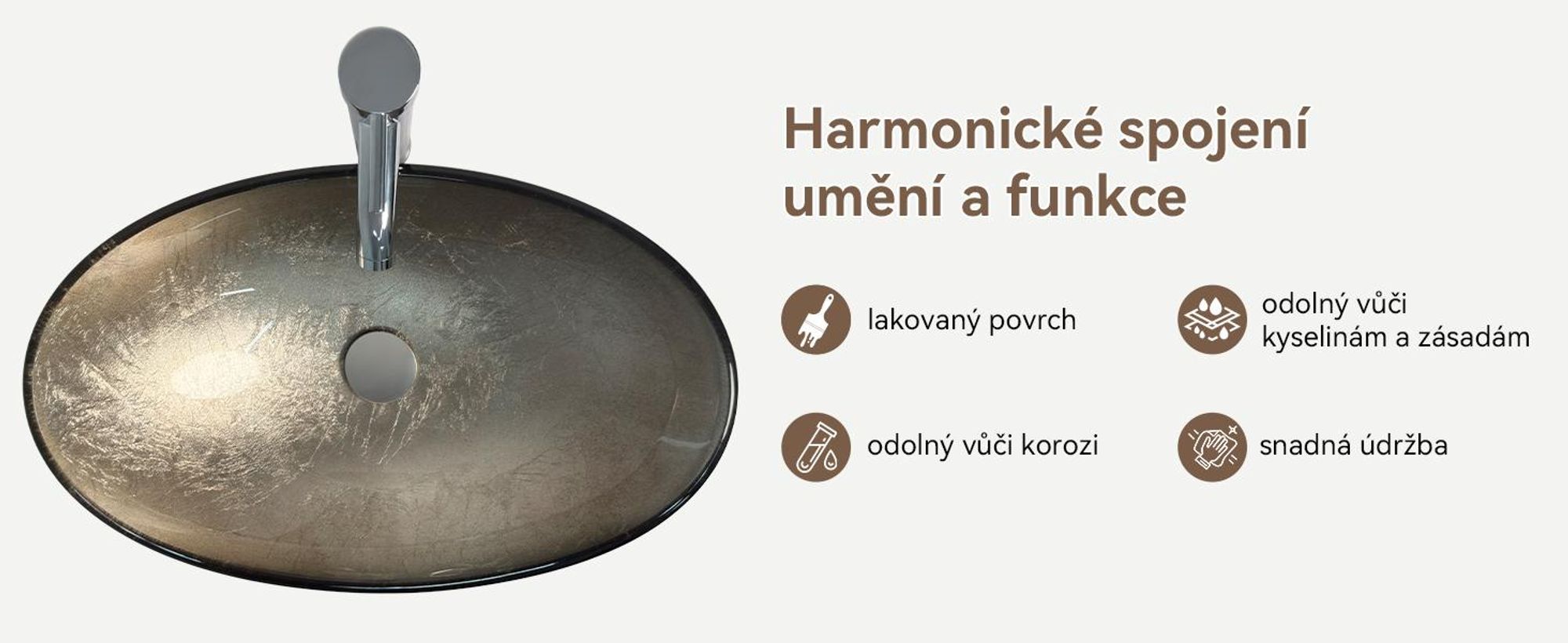 Umývadlo Puluomis, skleněné, nástavné, oválné, s kohoutkem a sítkem, barva: šampaň