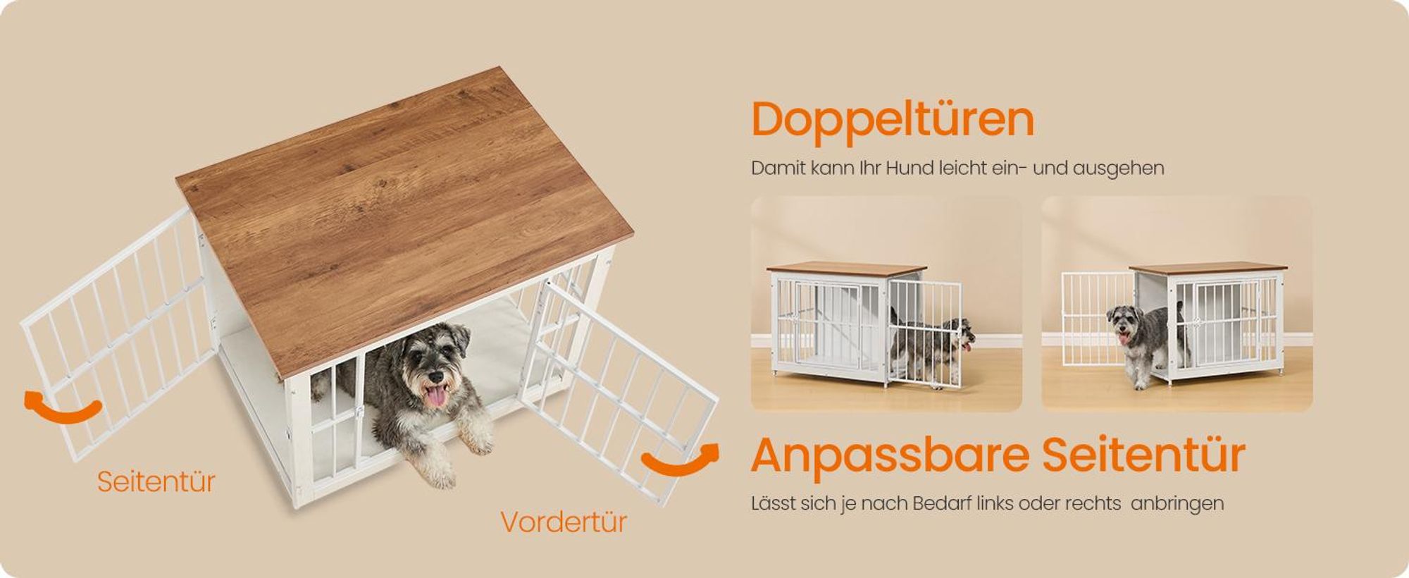 FEANDREA Hundehütte Indoor, stabiler Hundekäfig, Hundebox mit 2 Türen, 82 x 55 x 64 cm, weiß-braun