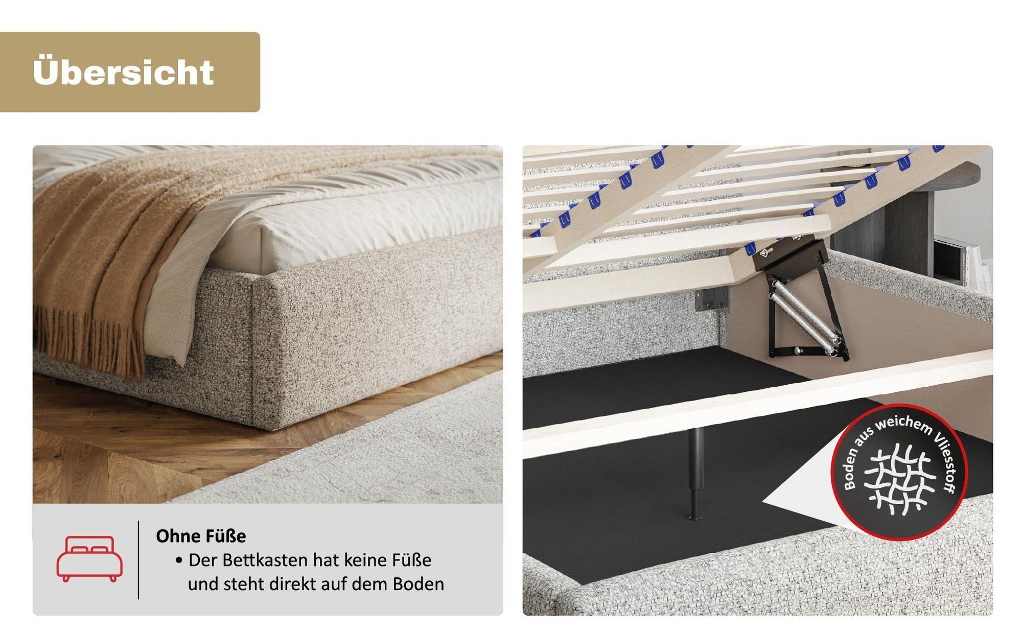 MOTIVENA Leno Polsterbett 120x200 mit Bettkasten, Holz Lattenrost, Bett 120x200 Beige Strukturstoff (Puente 06)