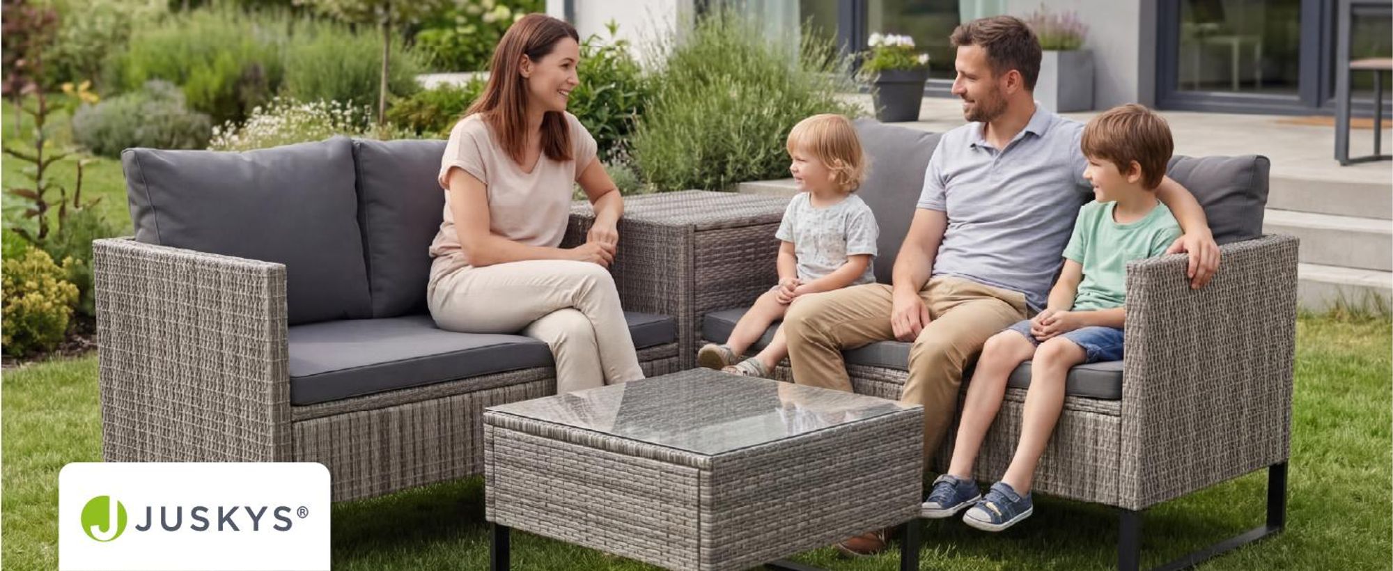 Juskys Polyrattan Lounge Santorini - Sitzecke mit Beistelltisch & Auflagenbox - Grau