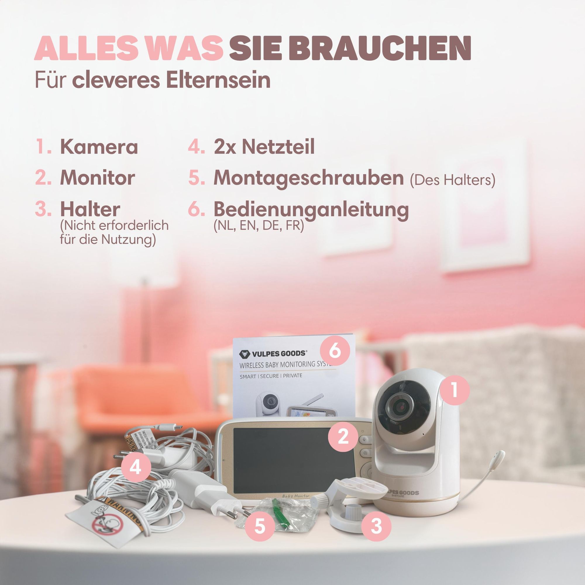 Vulpes Goods Babyphone mit Kamera, Babyphone mit Geräuscherkennung, 5" FULL HD Bildschirm, Ferngesteuert, Infrarot-Nachtsichtkamera