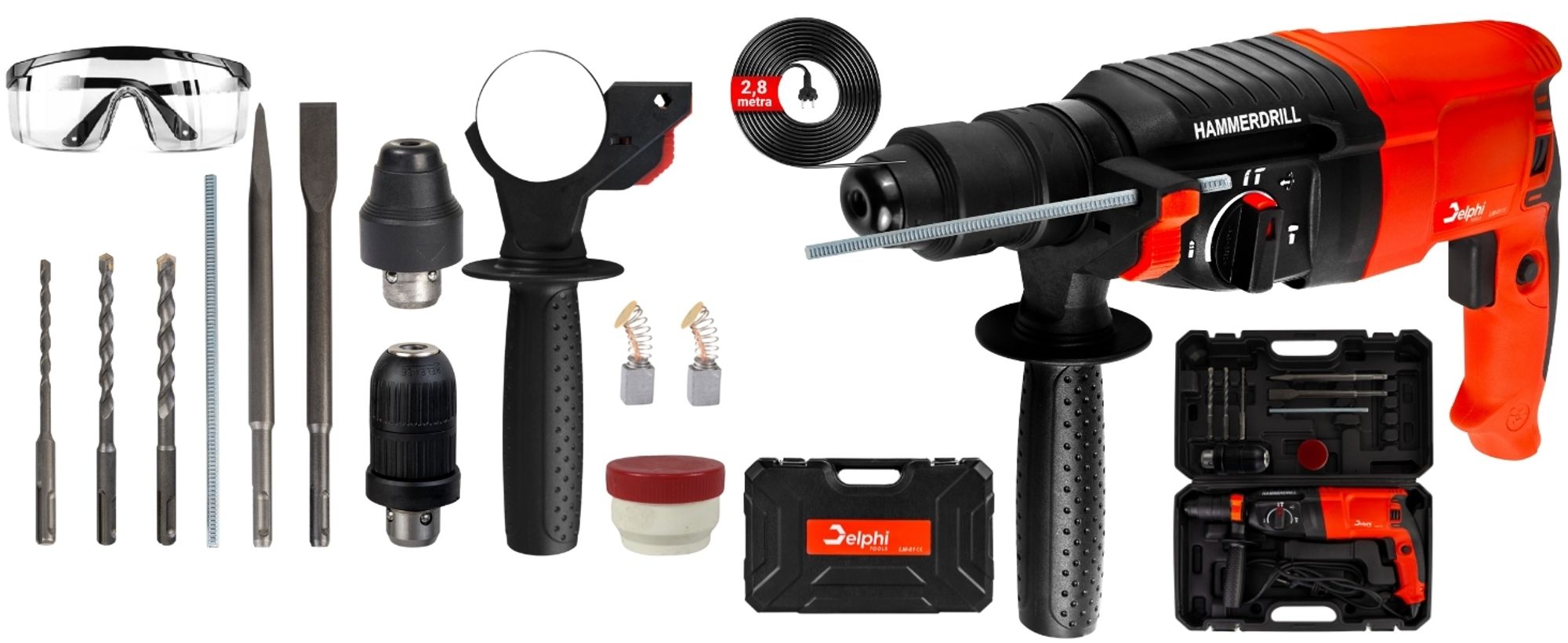 Delphi Bohrhammer, Schlagbohrhammer, SDS+ power, Bohren, Schmieden, 2600 W, 4J, großer Satz, Schlagzahl: 4000/min, Selbstklemmendes Bohrfutter, 4 Betriebsarten