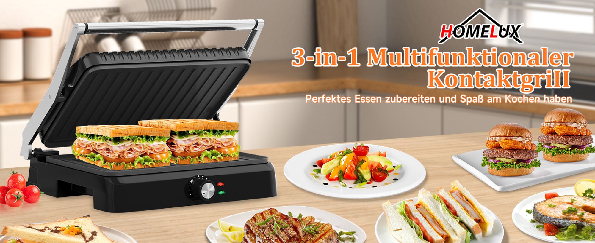 HOMELUX Kontaktgrill Tischgrill 2200W, Sandwichmaker, Panini Grill Multifunktion mit Auffangschale Antihaftbeschichtung Platten 34x23cm, Schwarz