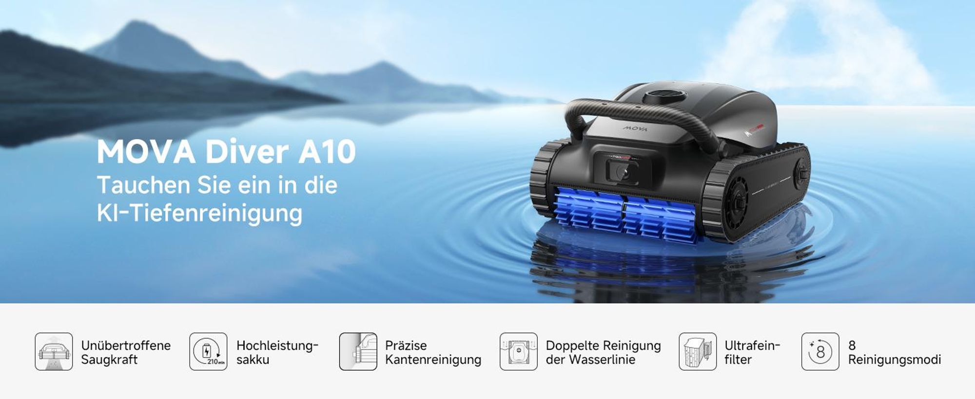 MOVA Diver A10 – Intelligenter Poolroboter, 22 700 L/h Saugleistung, 240 min Laufzeit, Doppel-Bürste, 8 IA-Modi