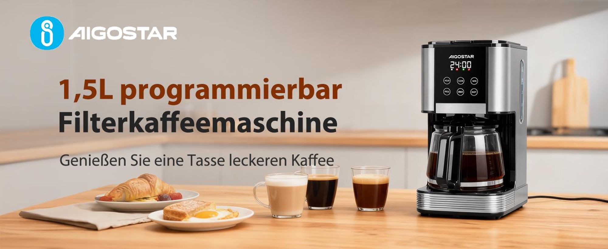 Aigostar - Programmierbar Edelstahl Filterkaffeemaschine, 24h, 1,5L, 1000W, LCD-Display, 14-Tassen