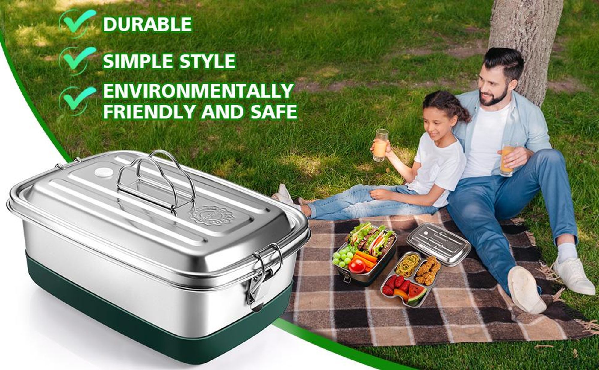 Nachhaltige Edelstahl Lunchbox 2000ml – Auslaufsichere Bento Box mit 3 Fächern, BPA-frei & Umweltfreundlich, Metall Lunchboxen für Kinder & Erwachsene