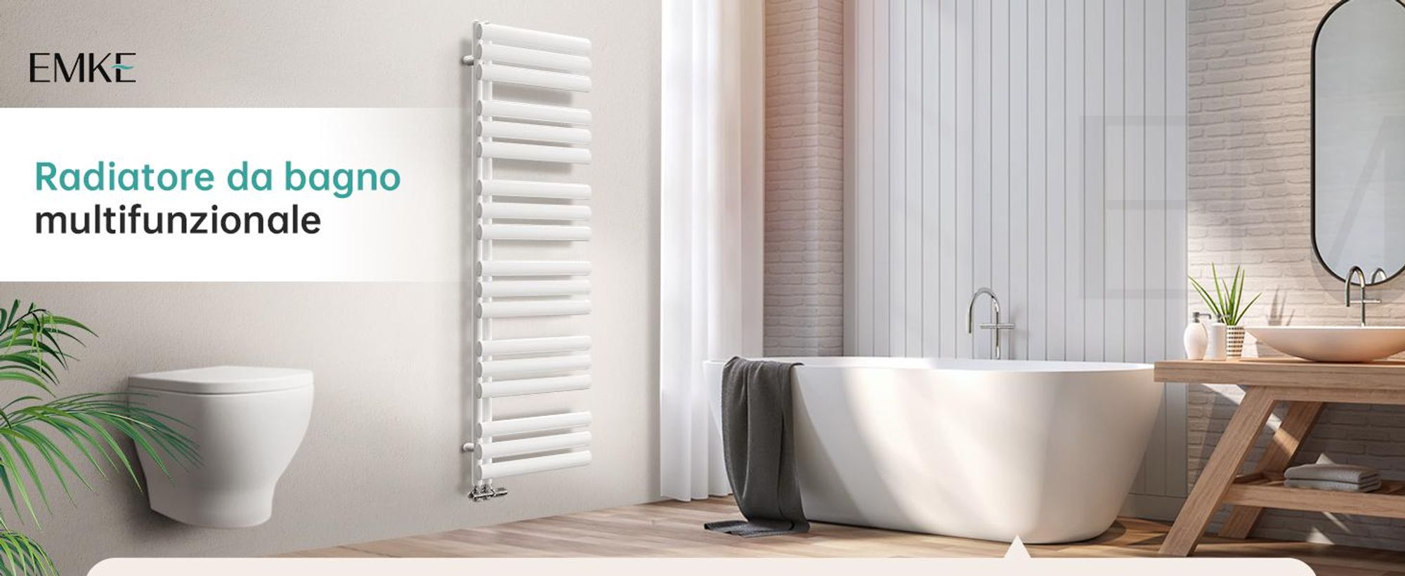 Radiatore da bagno EMKE Radiatore tubolare Asciugamano tubolare ovale Scaldasalviette Attacco laterale verticale per l'acqua Bianco 143×40 cm 484W senza elemento riscaldante