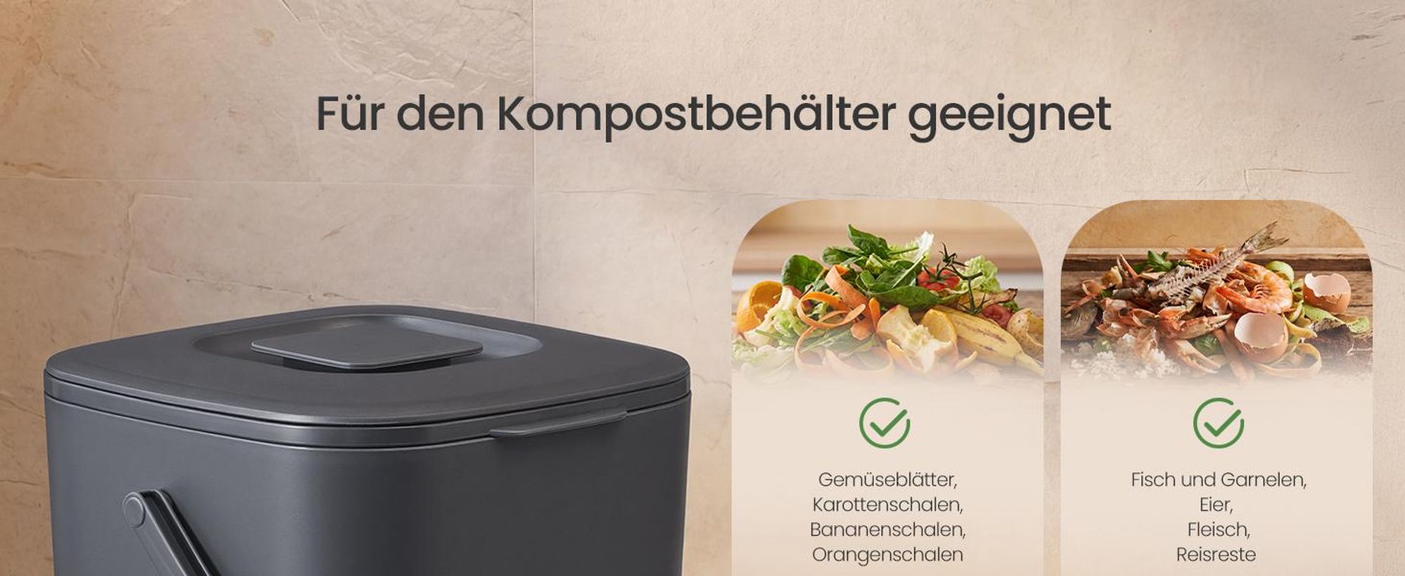 SONGMICS Geruchsdichter Komposteimer mit Abtropfkorb, 4 L Bioeimer für die Küche, 21 x 20 x 19,5 cm, Grau