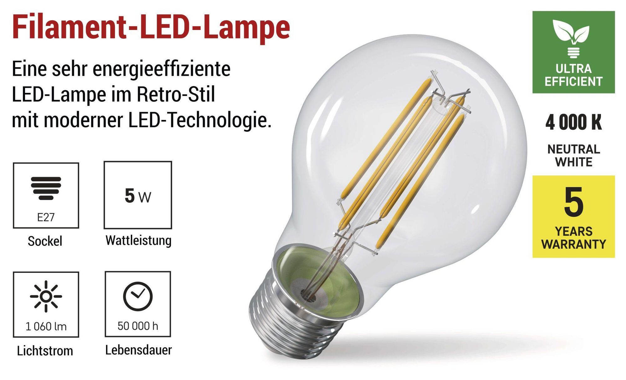 EMOS LED Lampe Edison A60, 5W Ersatz für 75W Glühbirne, A Klasse Vintage-Birne mit E27 Sockel, Helligkeit 1060 lm, Neutralweiß 4000 K