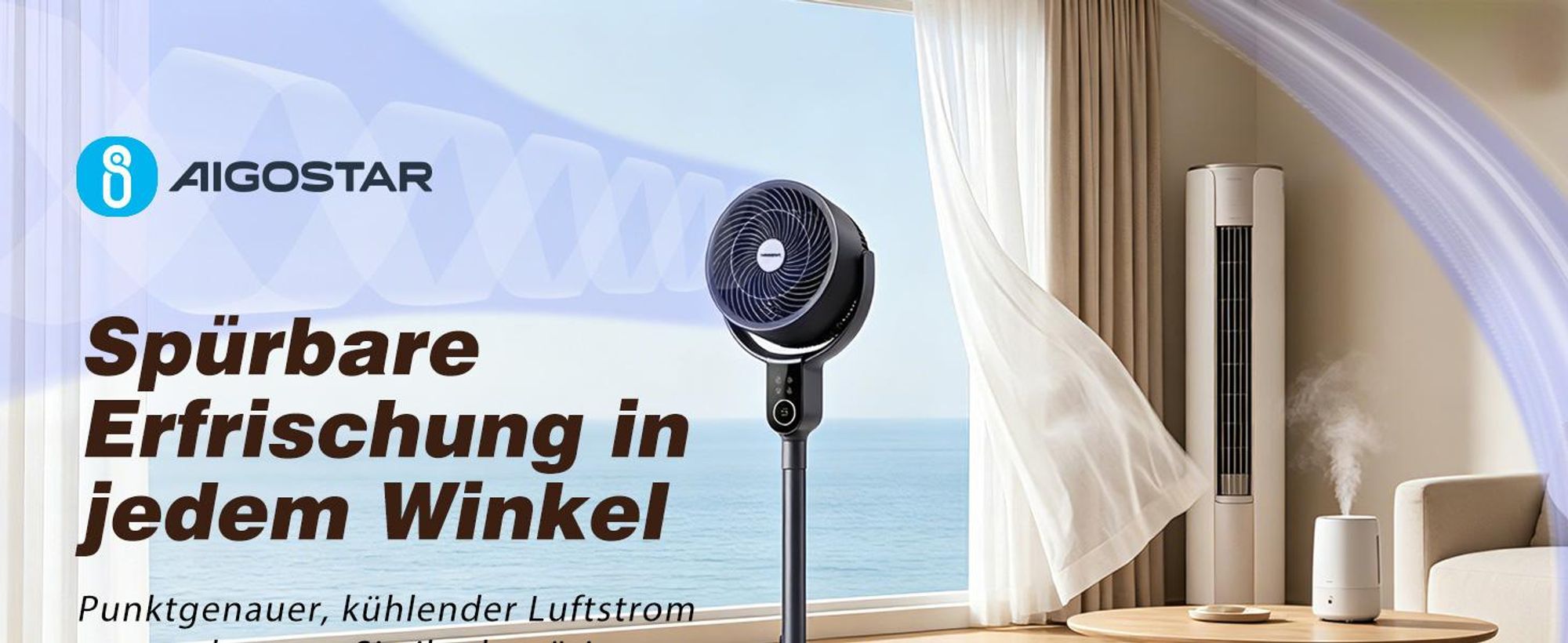 Aigostar 2-in-1 Luftumwälzer Standventilator, DC-Motor, 3D-Oszillation, 8 Stufen, leise 23dB, 12H-Timer, Fernbedienung, höhenverstellbar 80-105cm