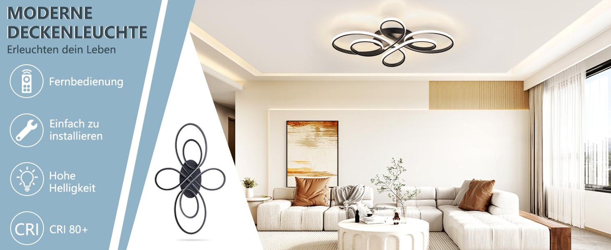 ZMH LED Deckenleuchte Schwarz Deckenlampe Dimmbar mit Fernbedienung 65W 66CM Moderne Kreative Lampe für Wohnzimmer Schlafzimmer Esszimmer Büro Küche