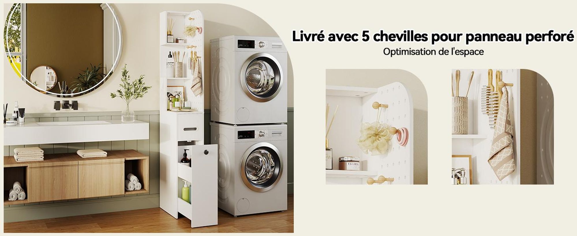 Armoire de salle de bain Puluomis, meuble de rangement pour salle de bain avec tiroirs, panneau perforé, armoire haute étroite de 35x24x165 cm, meuble de rangement pour salle de bain, cuisine, blanc