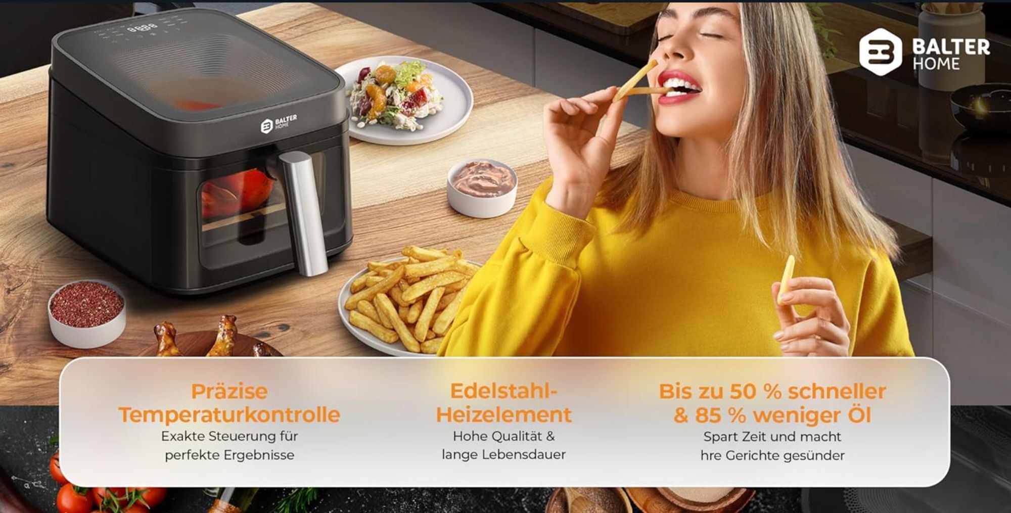 Balter Heißluftfritteuse XXL 6,5L mit Sichtfenster, 1700W, Airfryer, ohne Öl, 12 Programme, Touch-Bedienung, 100 Rezepte, Edelstahl, Schwarz