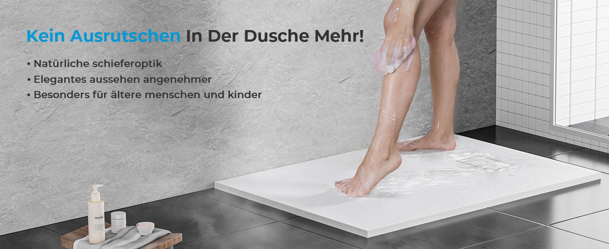 Heilmetz Duschwanne 80x80cm Duschtasse inkl. Ablaufgarnitur Schieferoptik Rutschfeste Extraflach SMC Weiß Brausetasse Duschbecken Steinoptik