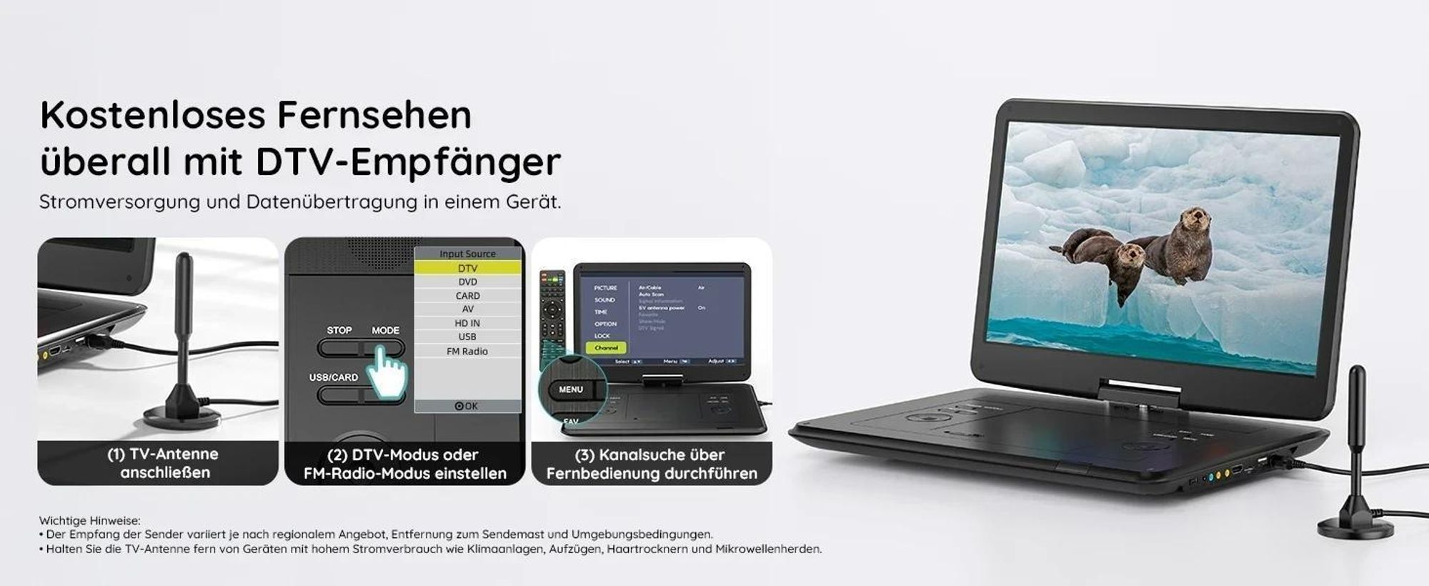 Boifun tragbarer DVD-Player mit ATSC-TV und FM-Radio 15,6-Zoll-HD-Schwenkbildschirm integriertem Akku HDMI-Eingang für TV-Stick USB-/TF-Karten