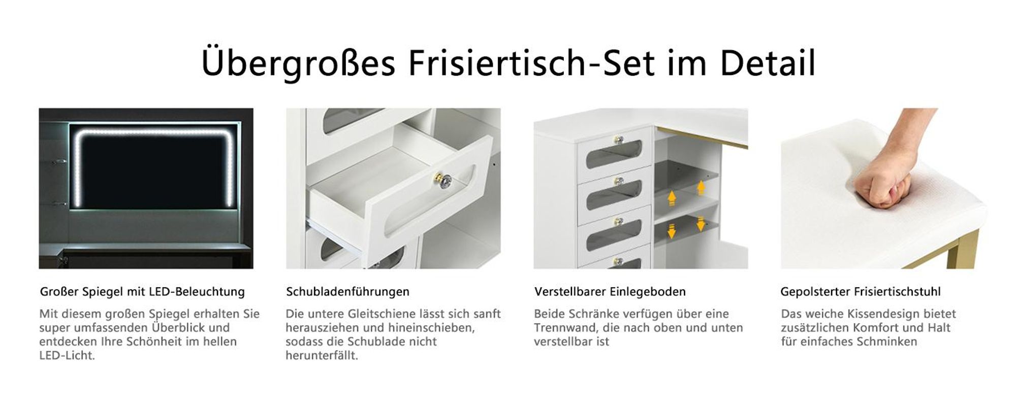 INONEFT Schminktisch mit LED-Beleuchtung, einstellbare Helligkeit, mit 5 Schubladen, mit 1 Hocker