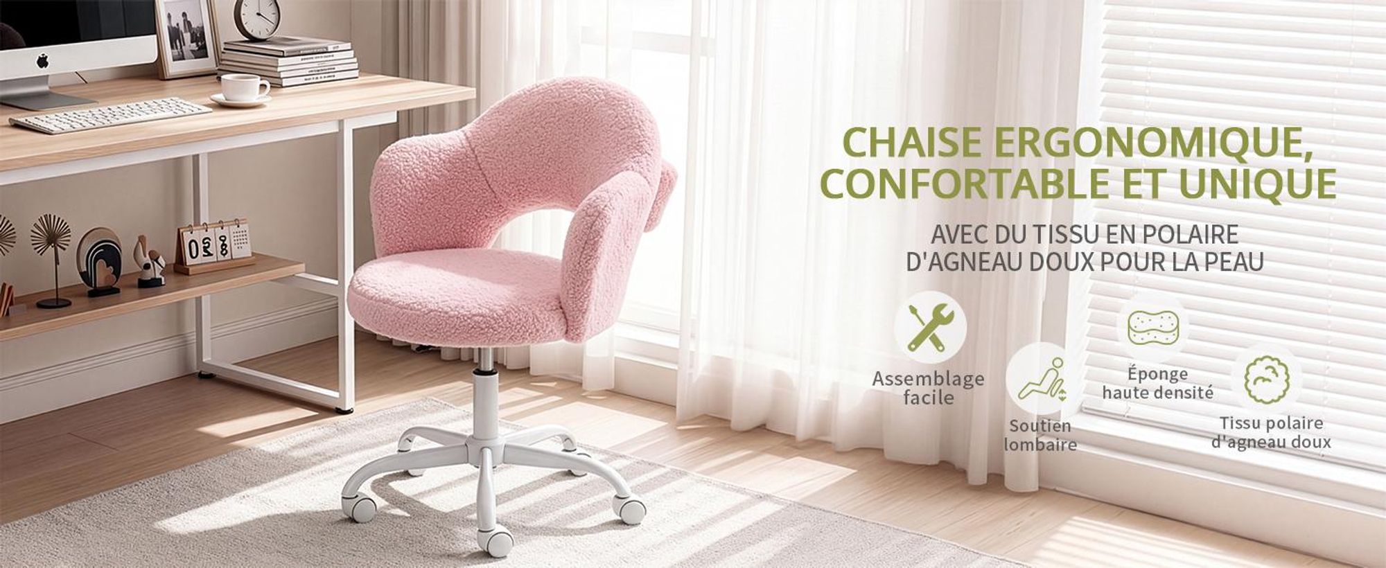 Chaise de bureau pivotante en forme de fleur, avec coussin lombaire, revêtue de similicuir mouton, 1 pièce, dimensions 59×57×76‑85,5 cm, rotation à 360°, couleur rose