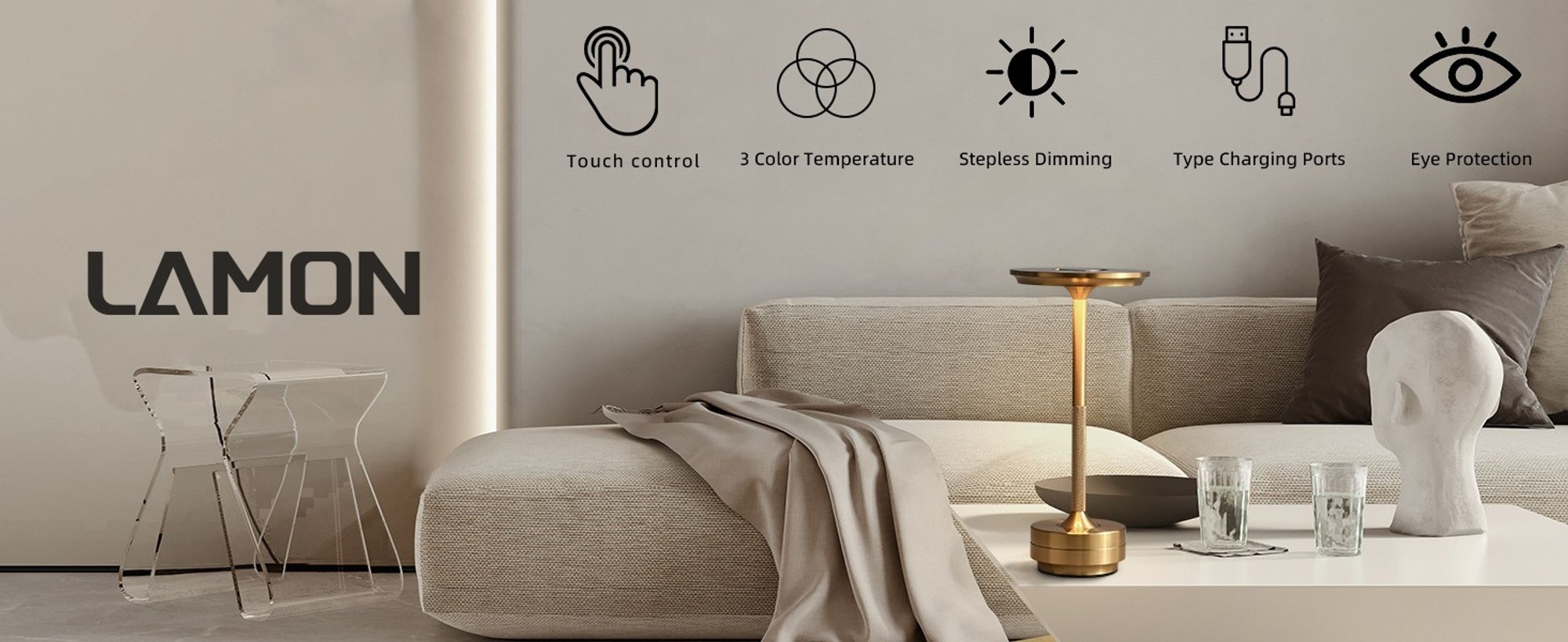 Kabellose Dimmbare LED Akku Tischleuchte Touch Tischlampe Lampe Wohnzimmer Nachttischlampen Dreifarbiges Licht Gold
