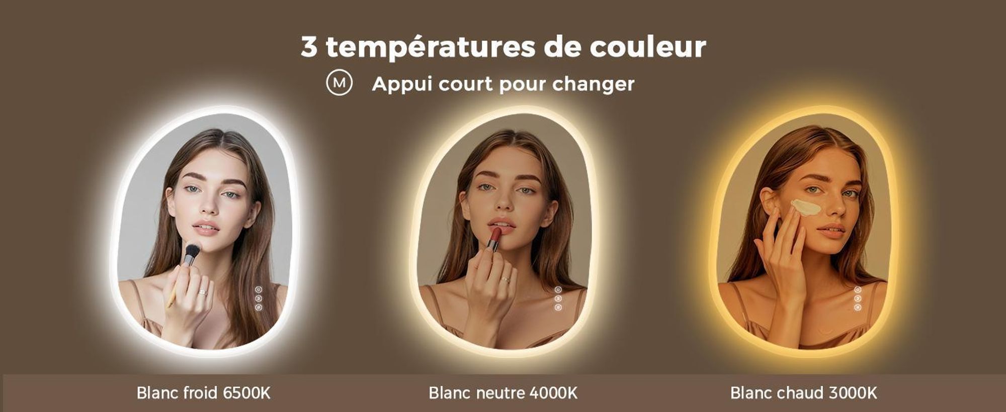 Miroir de salle de bain éclairé S'AFIELINA, 60x80 cm, miroir LED asymétrique, sans cadre, 3 couleurs de lumière, variateur d'intensité, anti-buée, fonction mémoire