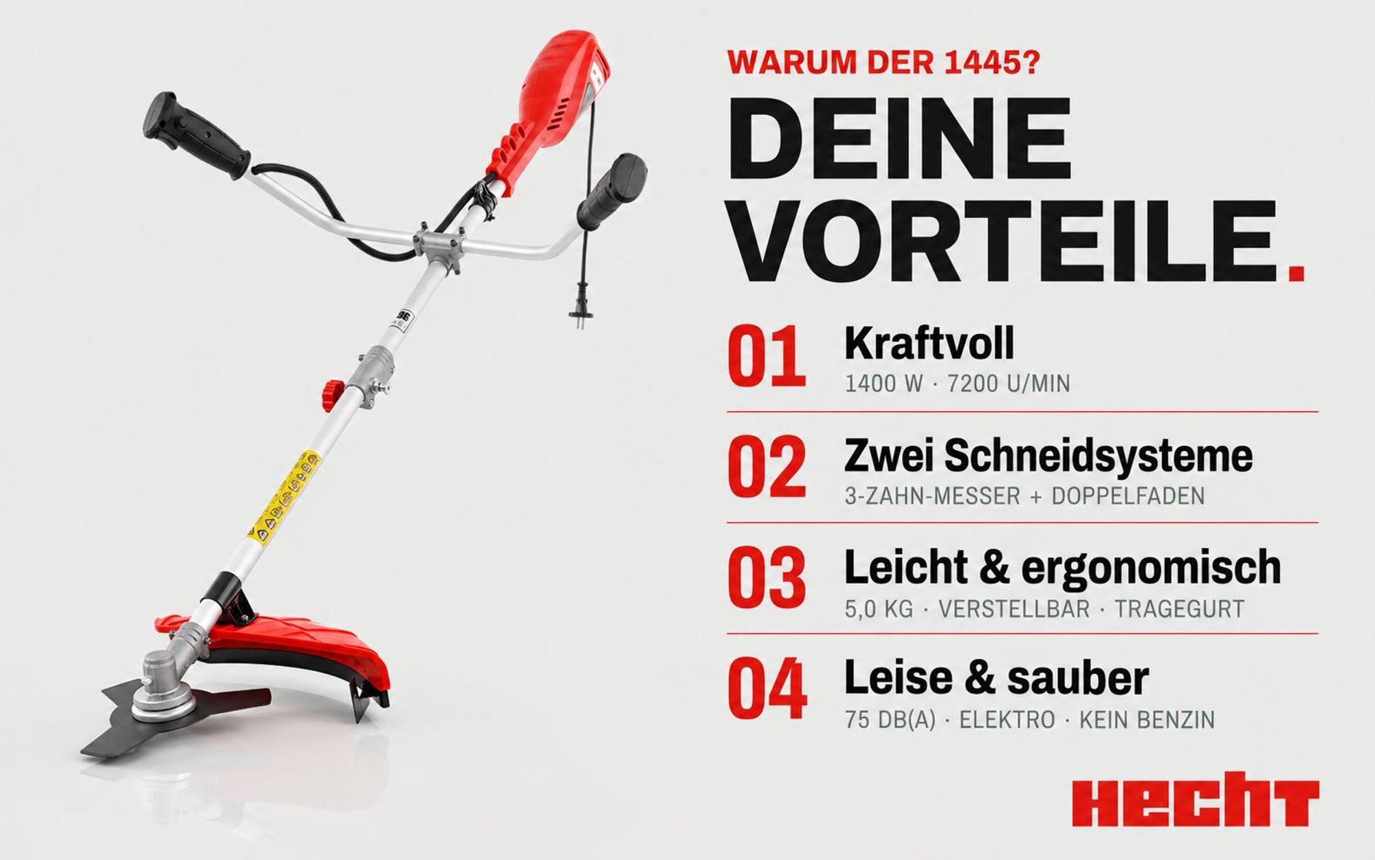 HECHT 1445 Freischneider Elektro | mit Tragegurt | 25,5 und 42 cm Schnittkreis | 1400W | 230V | Elektrosense
