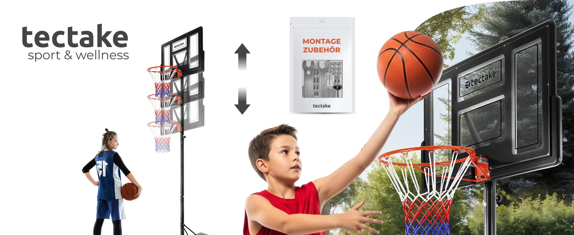 tectake® Basketballkorb Dirk Outdoor mit Rollen, inklusive Ball, Pumpe und 2 Netze