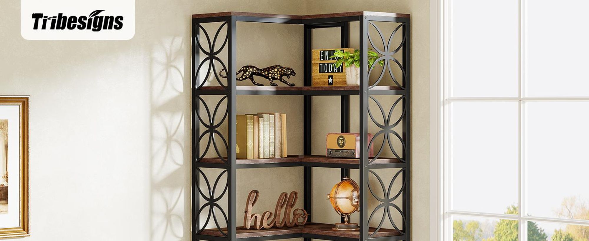Tribesigns Bücherregal, 7-stöckiges hohes Eckbücherregal aus Holz mit Metallrahmen, freistehendes Eckregal Wohnzimmer, Küche, rustikales Braun Schwarz