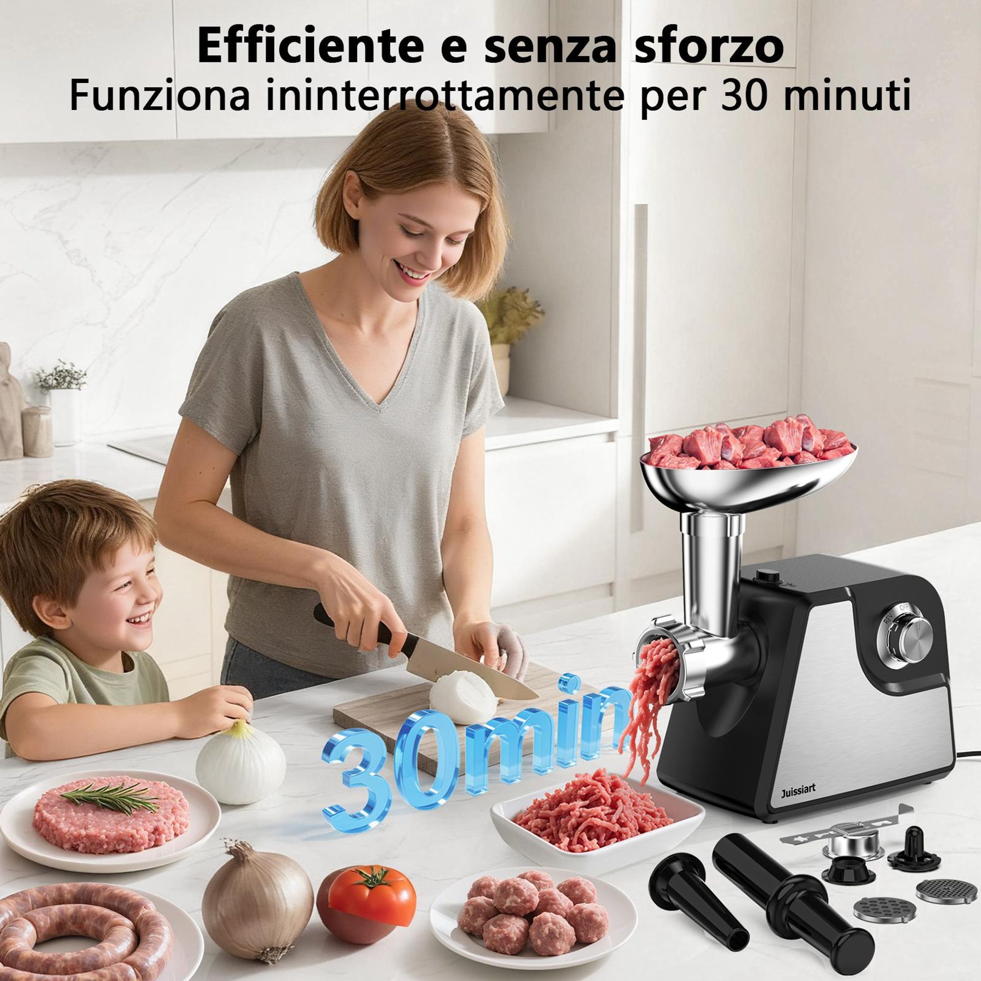 Juissiart MG4150R Tritacarne - Potenza 300W resa di carne 1.2KG/Min materiale della lama acciaio 420 per metallurgia delle polveri - Nero