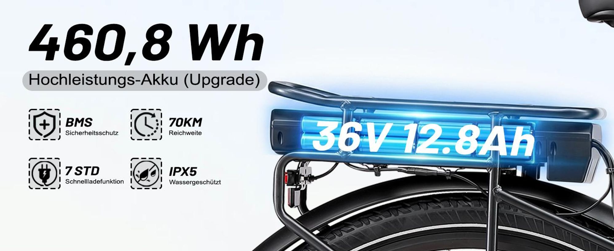 460,8 Wh Lithium-Ionen-Akku, leistungsstark und kraftvoll.