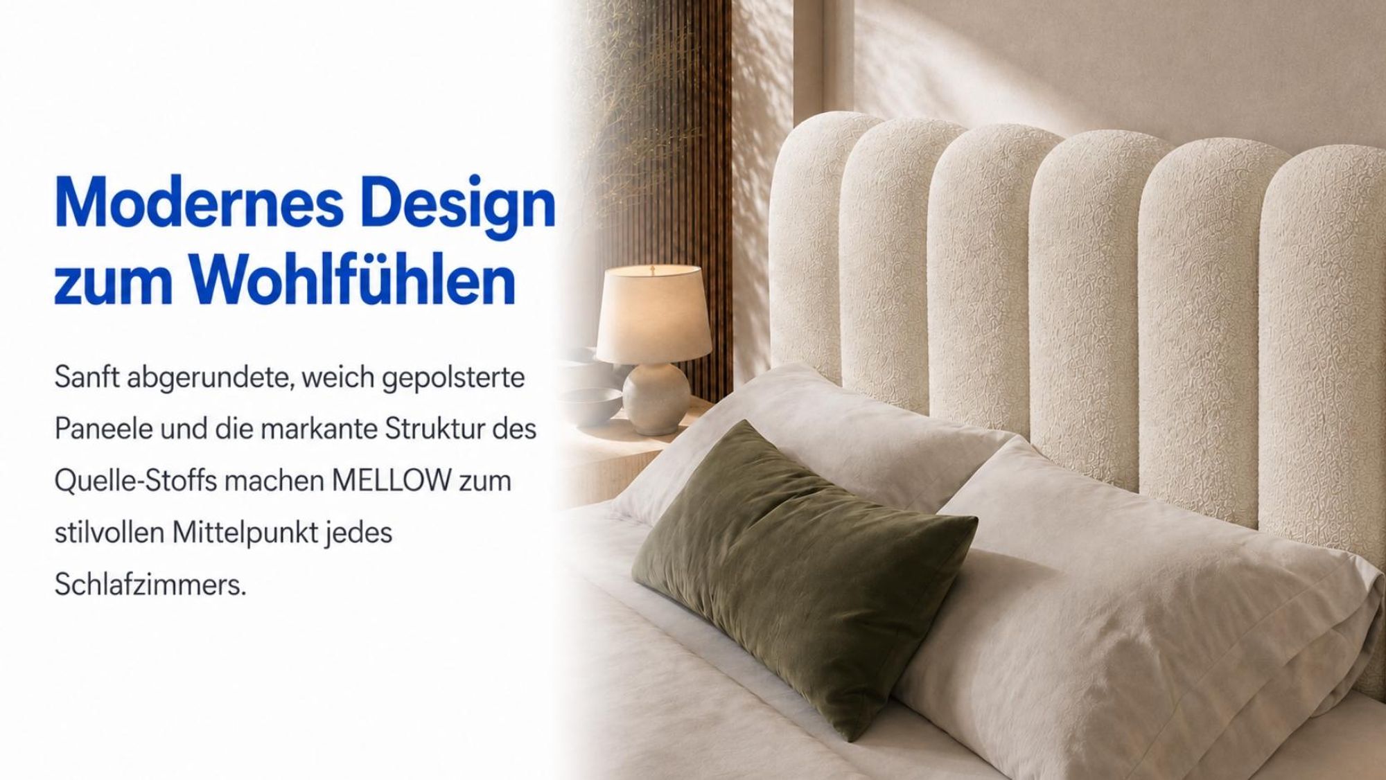 Ausstattung des Polsterbetts MELLOW mit Bettkasten, Holzlattenrost und weichem Kopfteil
