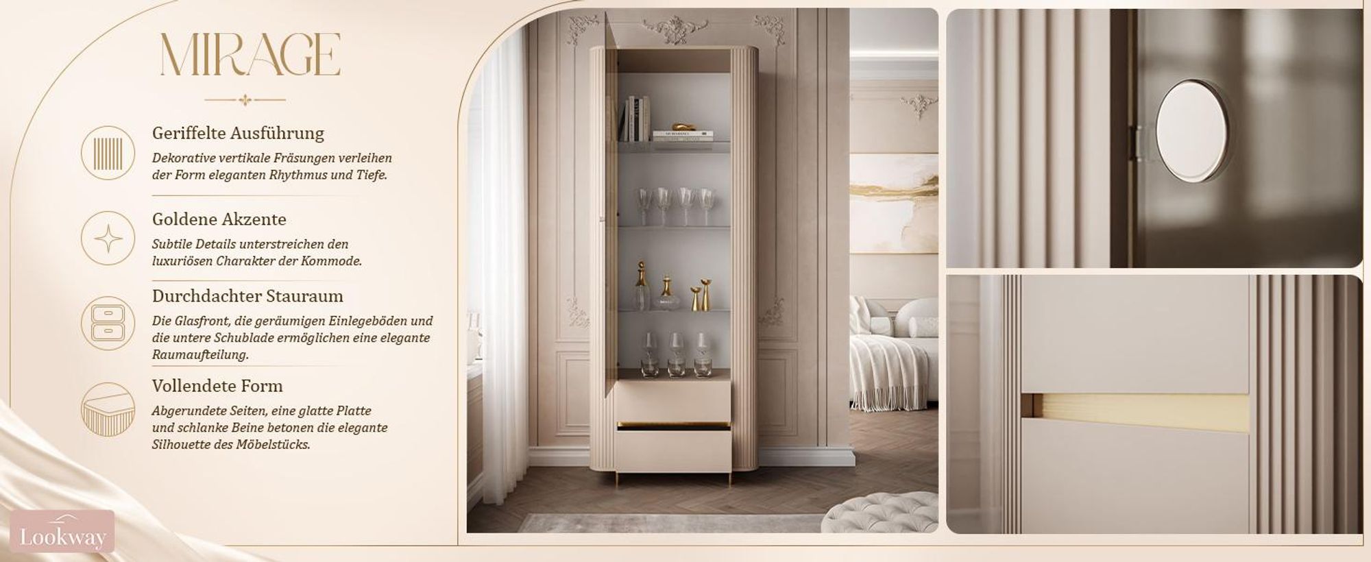 Vitrine MIRAGE GOLD mit LED-Beleuchtung