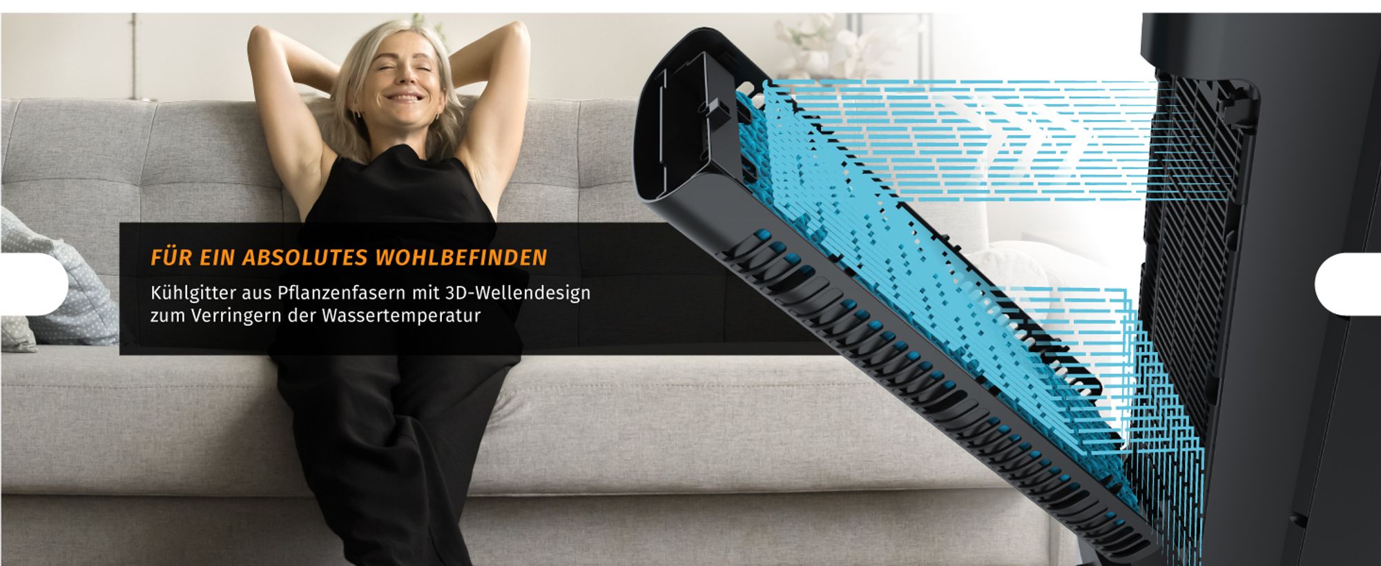 Frau lehnt sich entspannt auf Sofa zurück, daneben technische Darstellung des Filtersystems