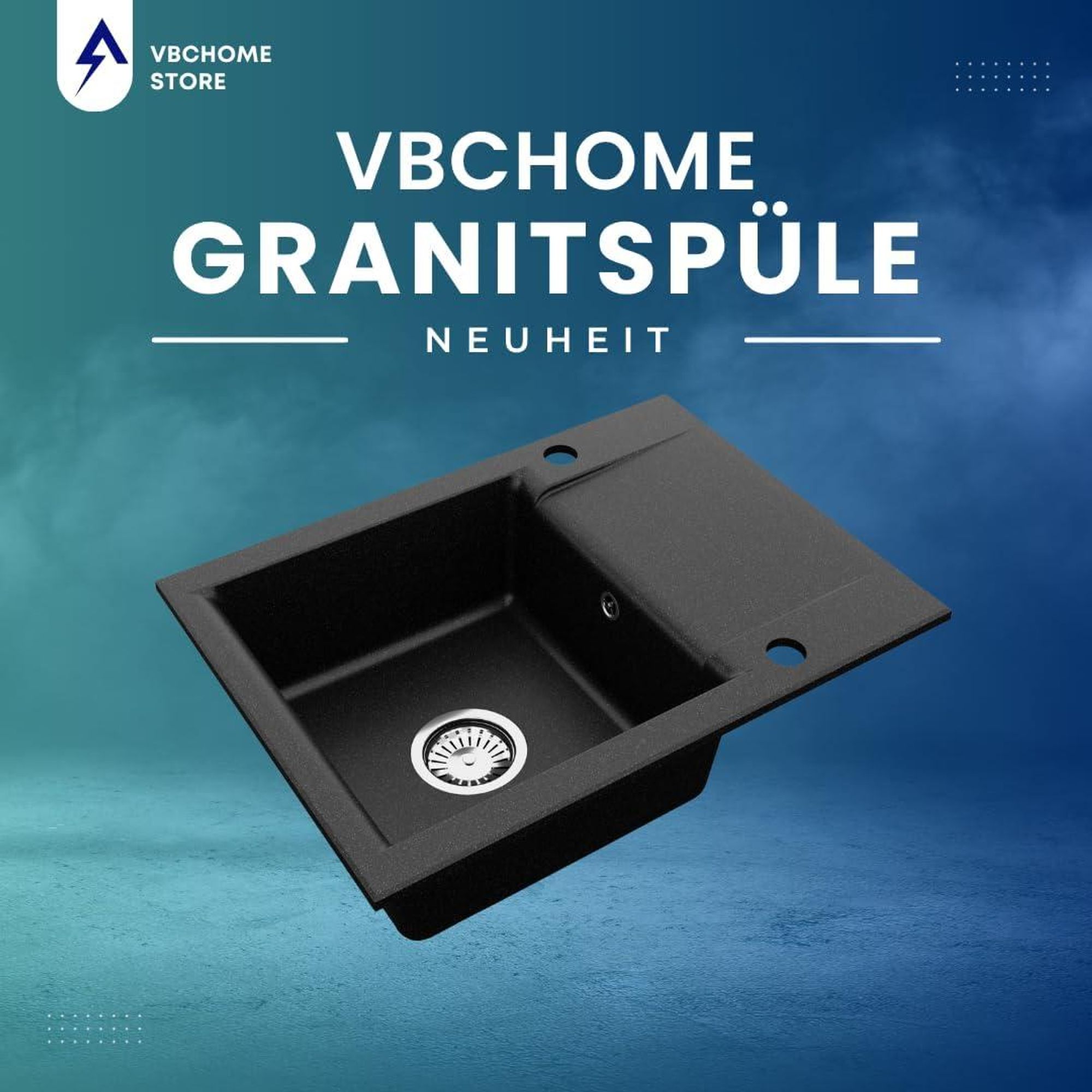 VBChome Granitspüle Schwarz 59 x 44 cm mit Armatur Einzelbecken Einbauspüle Reversibel Gesprenkelt Pflegeleichtes Spülbecken mit Siphon für Küchen