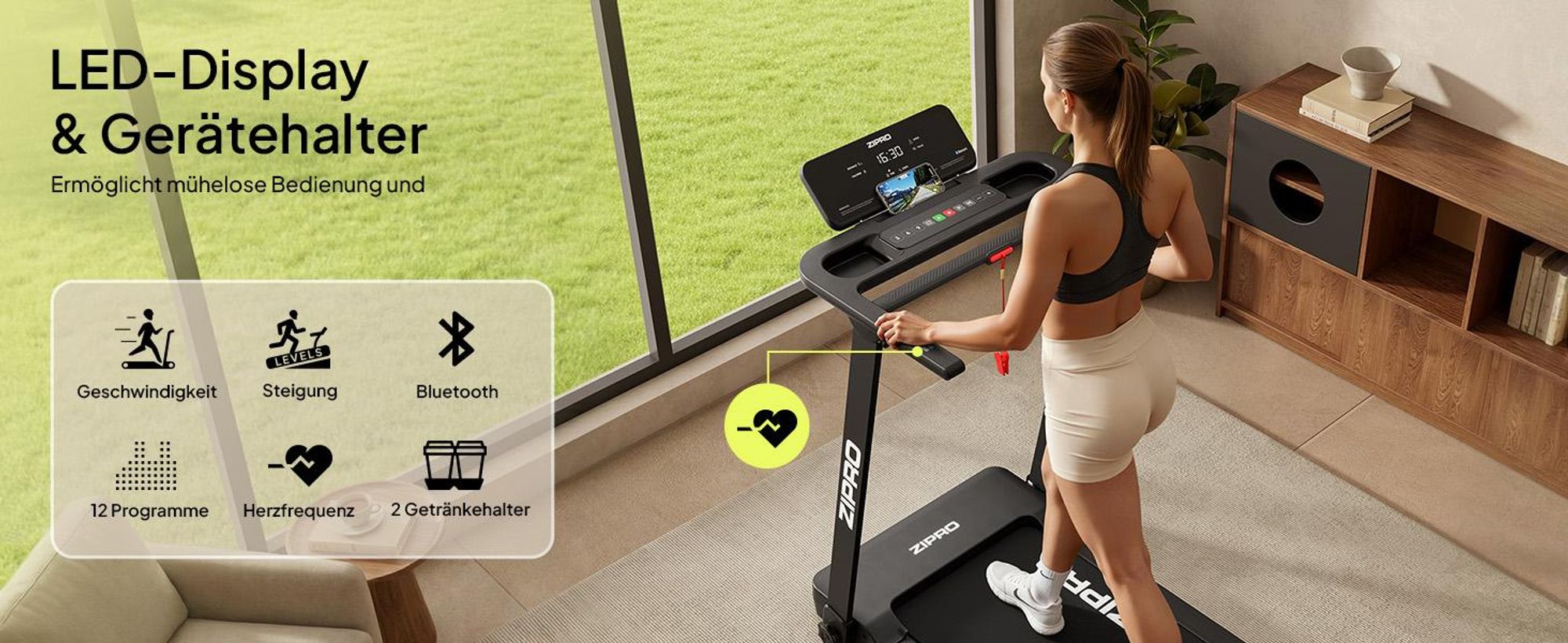 ZIPRO Forma Elektrisches Laufband klappbar – Heimtrainer bis 12 km/h – Platzsparendes FlatFold Design, Zwift & Kinomap Kompatibel, Neigungsverstellung