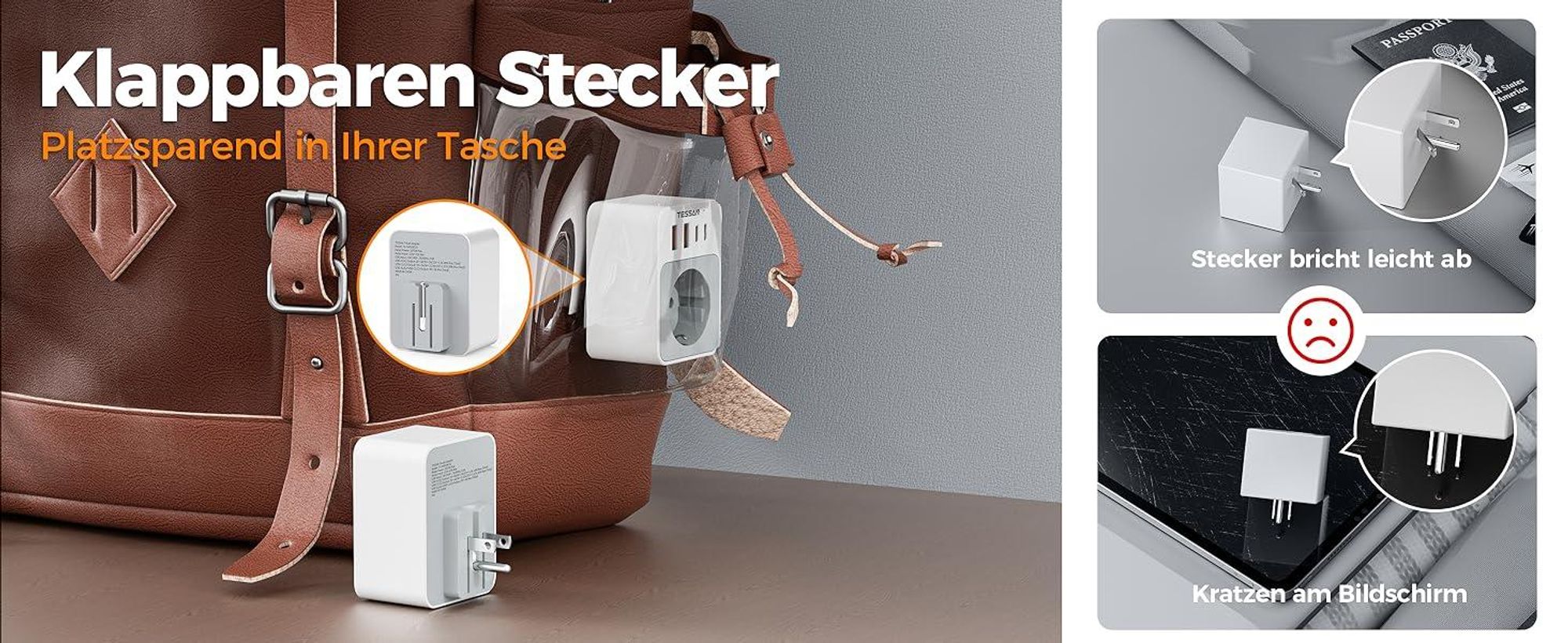 TESSAN 2 Stück Klappbarer USA Adapter Steckdose mit 2 USB C und 2 USB A Reiseadapter US Typ B