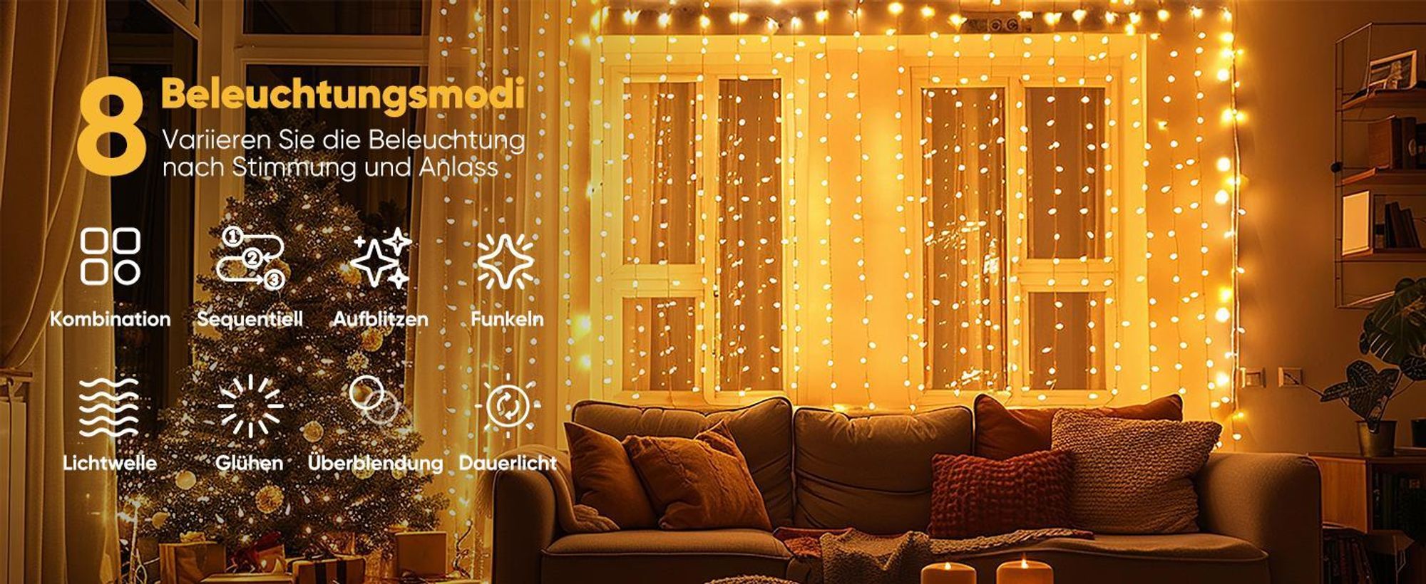Salcar 3m 300 LED Lichterkette Lichtvorhang Fenster 8 Lichtmodi Innen Weihnachtsdeko LED Home Party Warmweiß