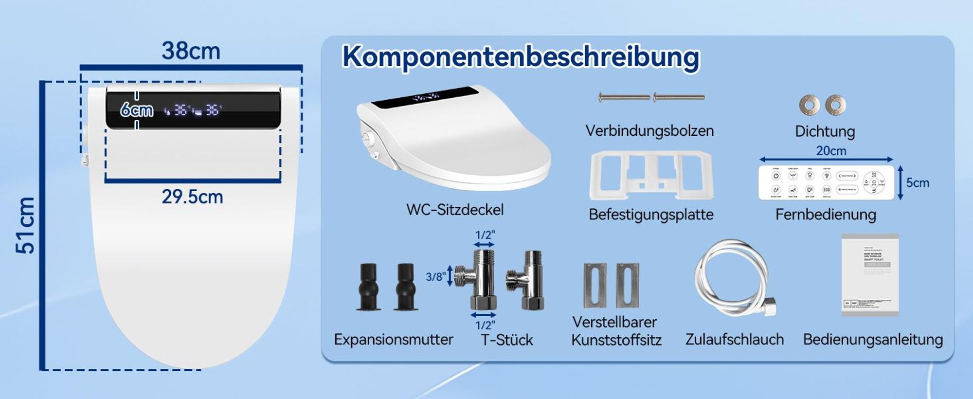Puluomis Intelligenter Toilettensitz mit Warmwasser, Warmluft, Heizsitz, Duschfunktion, Trocknung,  4-Temperaturstufen, LCD-Display, Nachtlicht lang