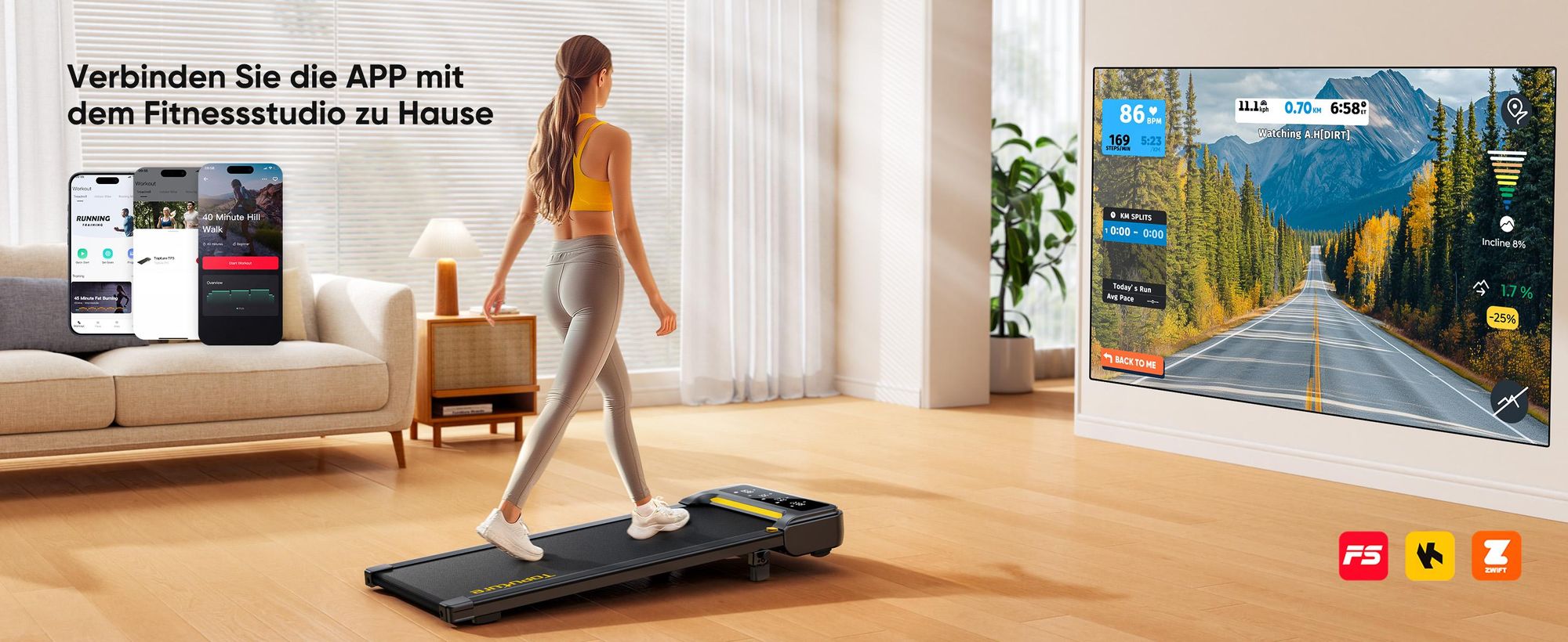 Toputure TP3 Laufband für Zuhause mit Neigung, 1-10 km/h Walking pad, Elektrisches Laufband mit Steigung, 2.5HP Walking Machine, Fernbedienung/App