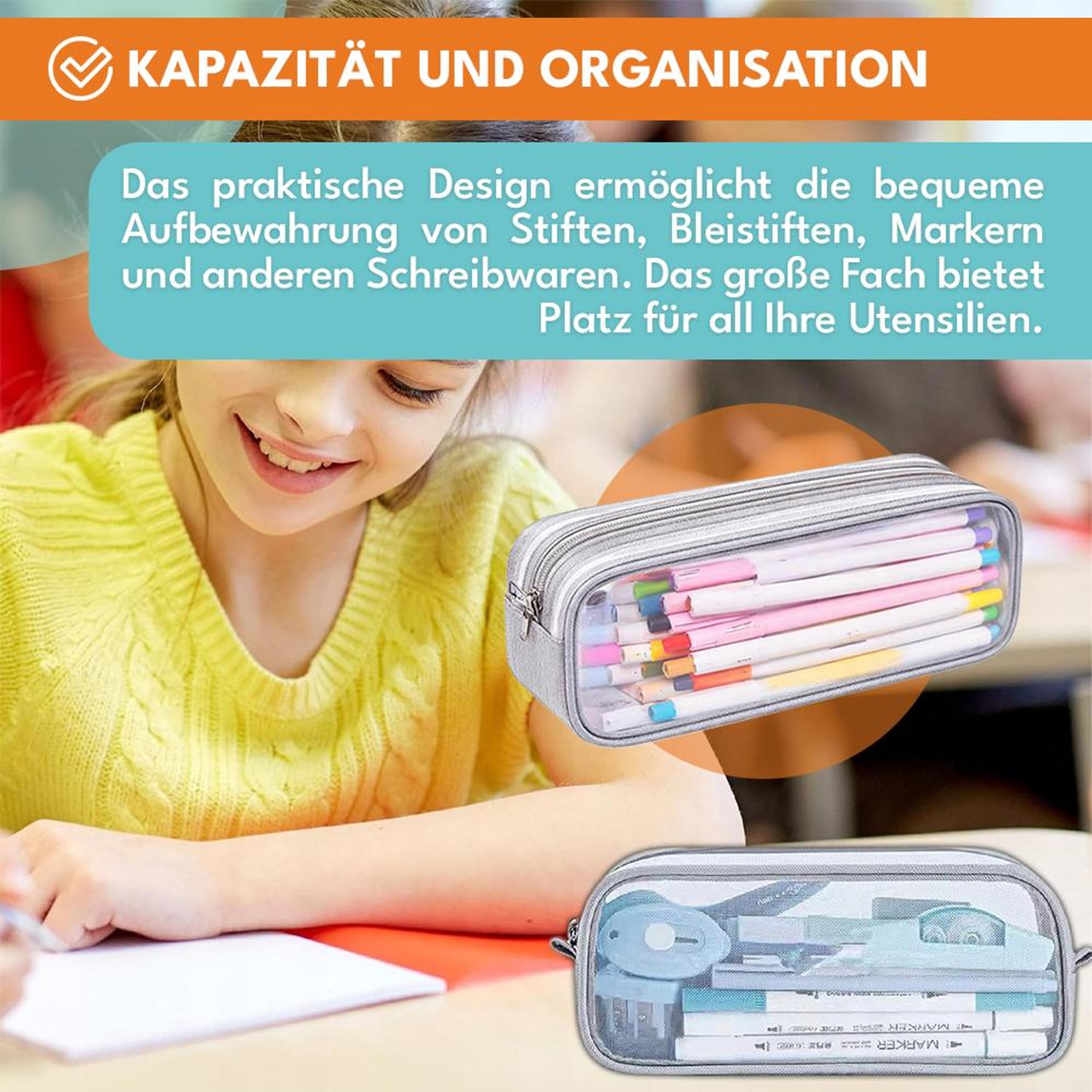 KRUMAD Transparentes Federmäppchen, Großes Etui für Stifte, Schulsachen, Kosmetiktasche, Leicht, Wasserabweisend, Grau 23 x 10 x 6,5 cm