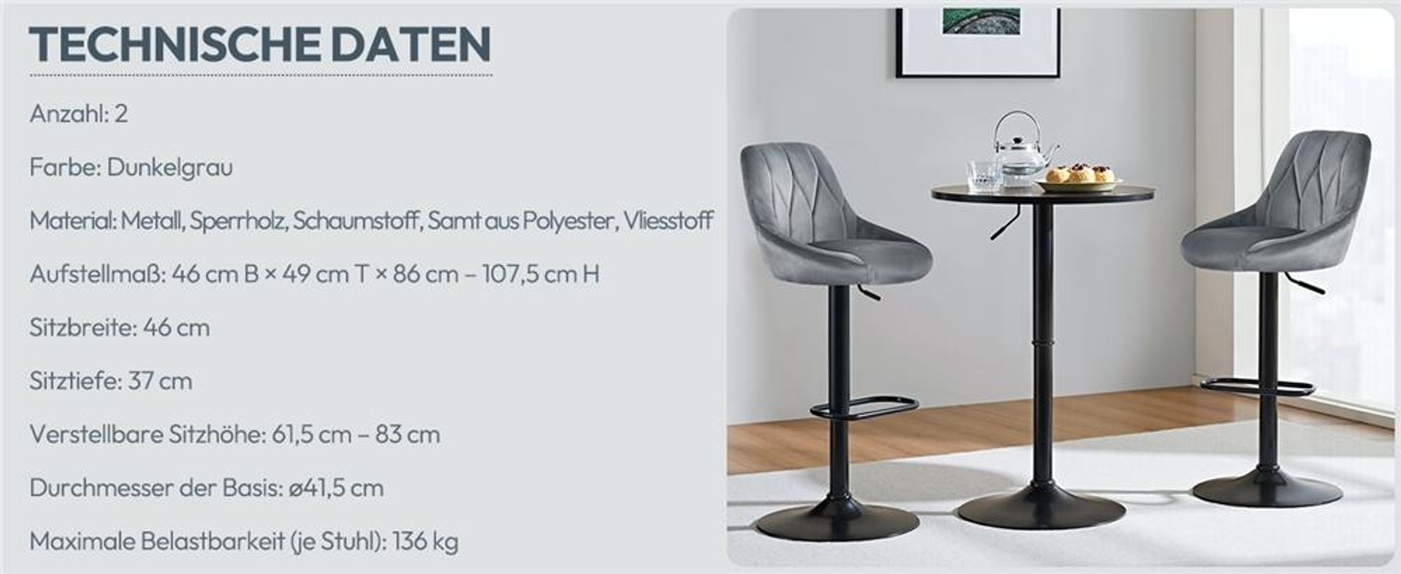 Yaheetech 2er Set Barhocker Barstuhl mit Rückenlehne & Fußstütze, drehbarer Polsterhocker, höhenverstellbarer Tresenhocker, Dunkelgrau