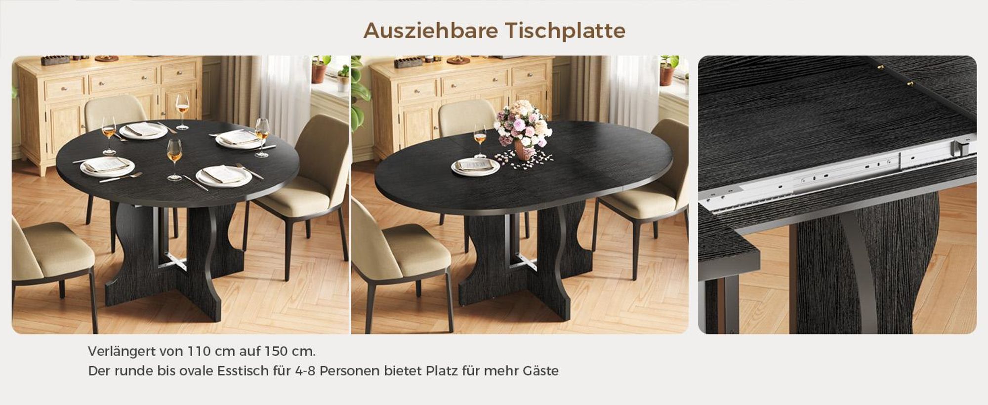 Mondeer Ausziehbarer runder Esstisch 110-150 cm oval mit massivem Holzgestell und intelligentem Auszugsystem für Küche & Wohnzimmer in Schwarz