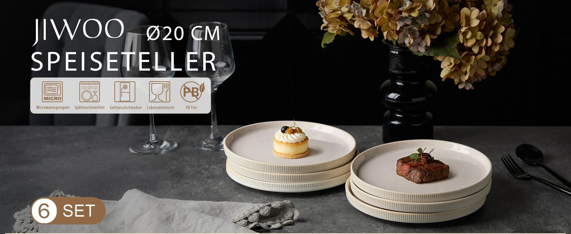 Teller set 6er Ø20 cm Keramik Speiseteller Dessertteller Pastateller Essteller für 6 Personen Flachteller set Mikrowellen- und Spülmaschinenfest