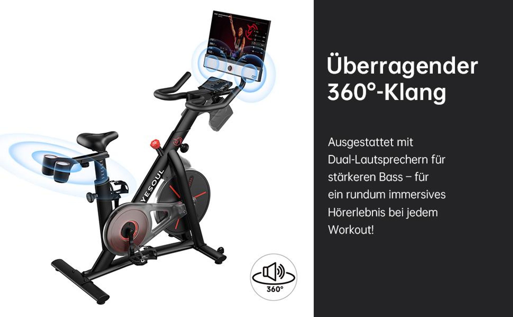 Yesoul G1M Max Fitnessbike, 21,5" FHD-Display, 30W x4 Lautsprecher, 360°.Sound, Magnetwiderstand, leise & mit unbegrenztem Streaming