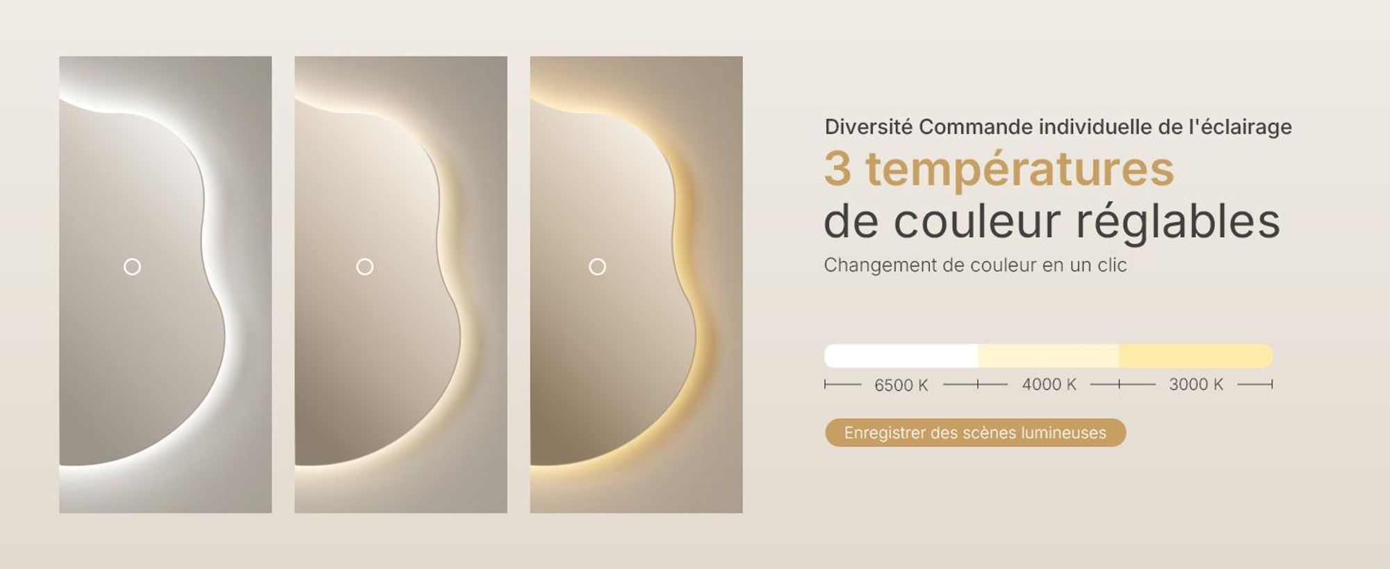 Miroir de salle de bain EMKE LED 50 x 45 cm - Anti-buée - 3 couleurs de lumière réglables - Interrupteur tactile - Miroir de salle de bain aux formes organiques avec éclairage